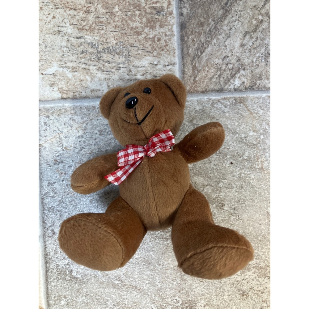 Brown Teddy Bear Plush Toy Red Gingham Bow Small Stuffed Animal